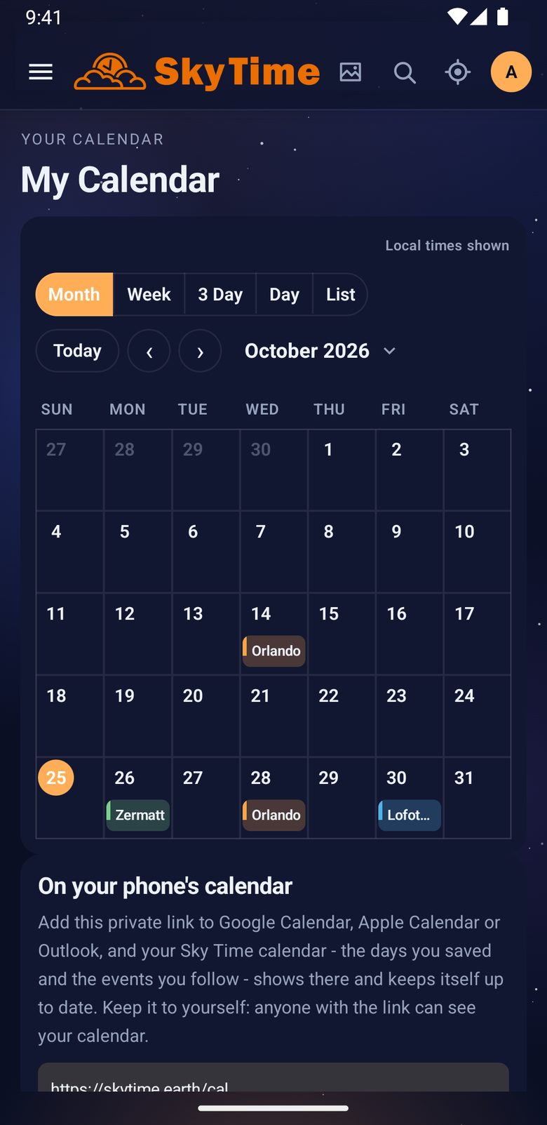 Your sky, on your calendar in the app