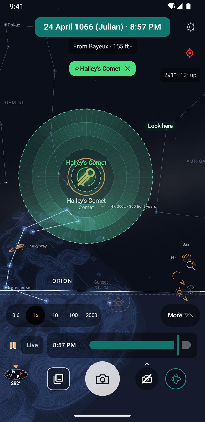 The sky on any day in history in the app