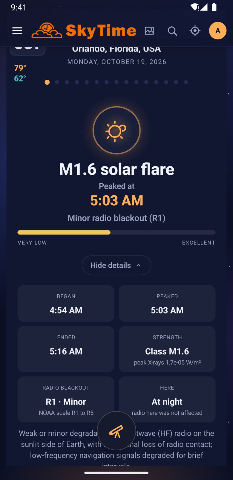 Solar flares as they happen in the app