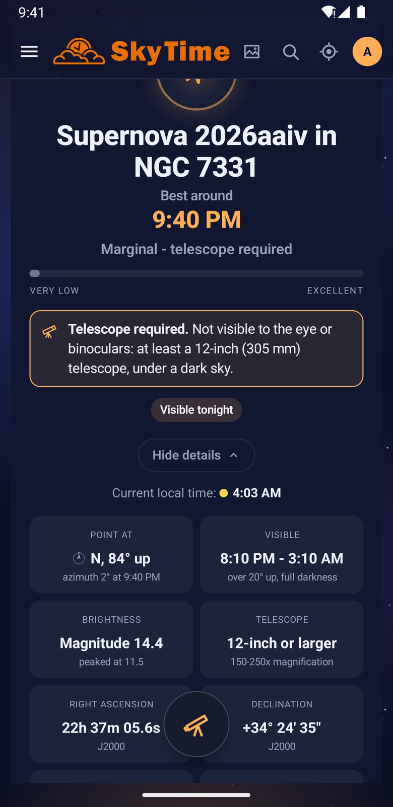 Supernovae for your telescope in the app