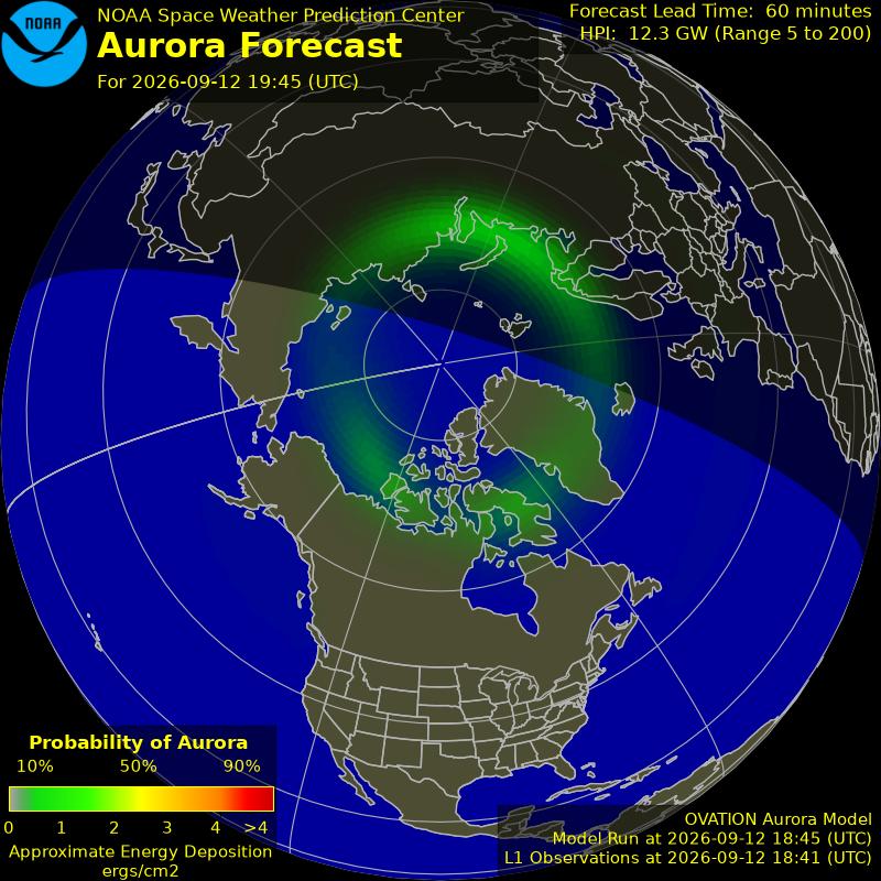 NOAA aurora forecast map for the northern hemisphere