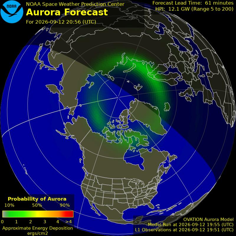 NOAA aurora forecast map for the northern hemisphere