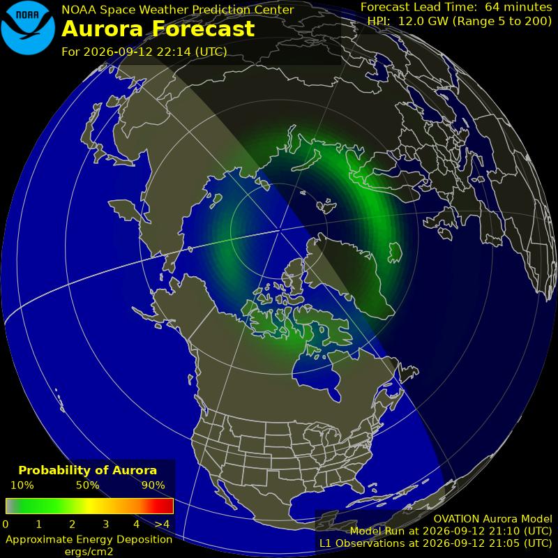 NOAA aurora forecast map for the northern hemisphere