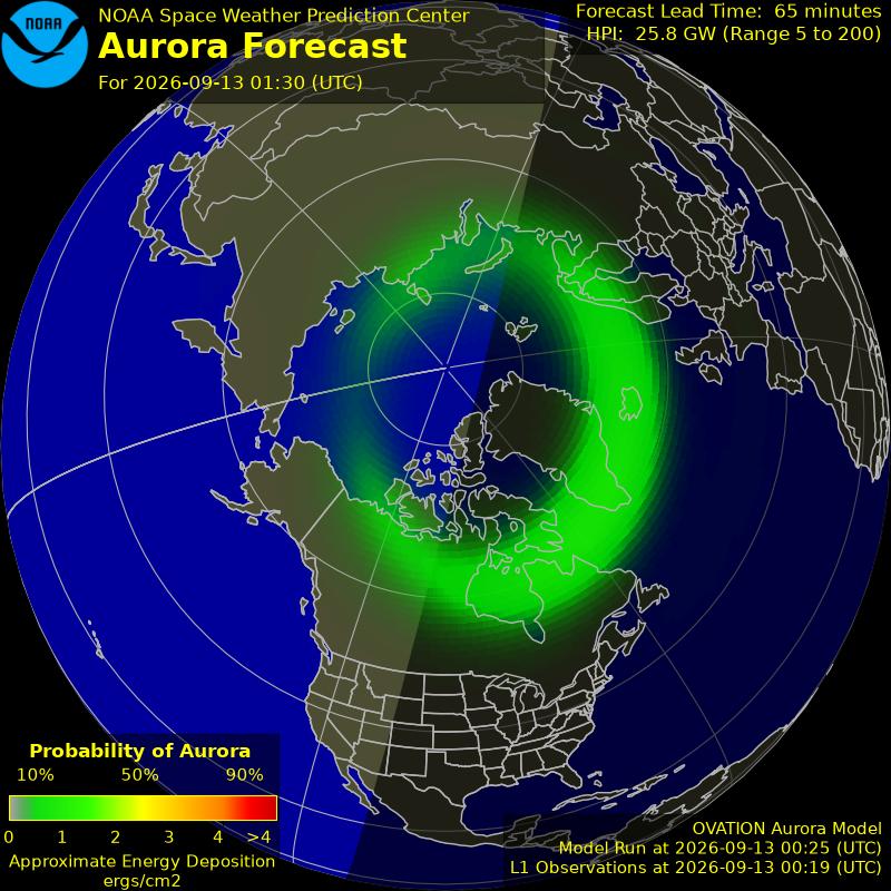 NOAA aurora forecast map for the northern hemisphere