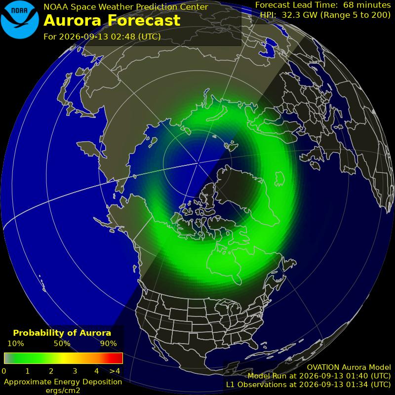 NOAA aurora forecast map for the northern hemisphere
