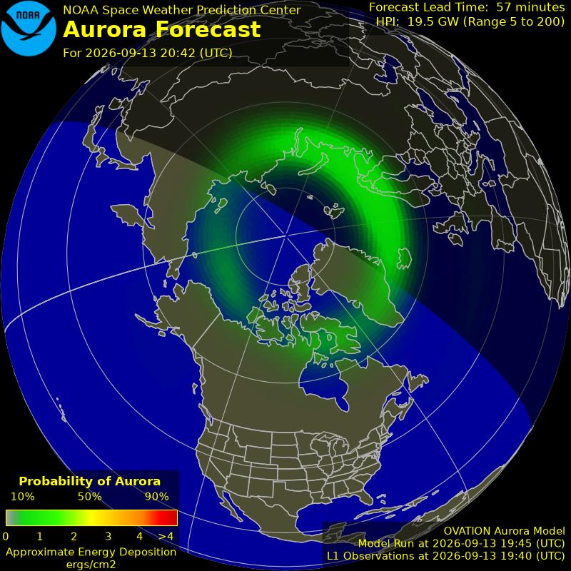 NOAA aurora forecast map for the northern hemisphere