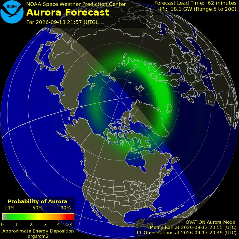 NOAA aurora forecast map for the northern hemisphere