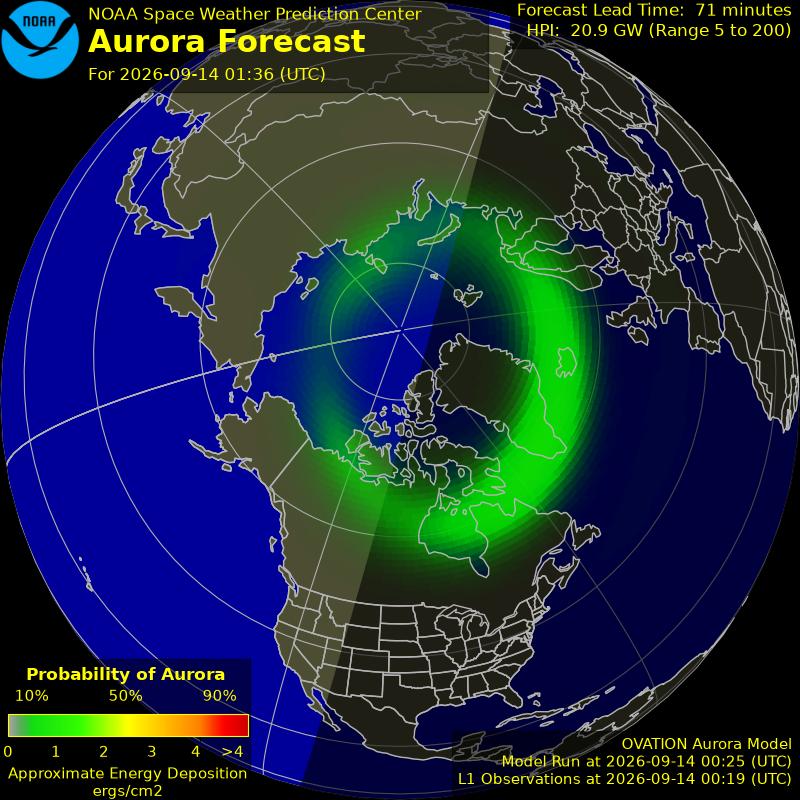 NOAA aurora forecast map for the northern hemisphere