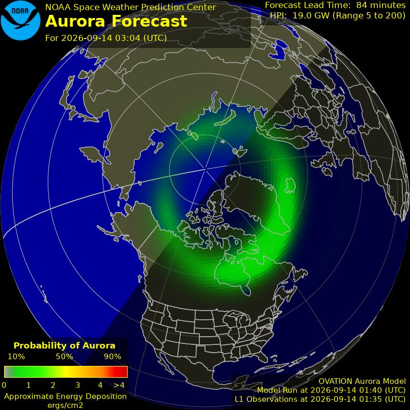 NOAA aurora forecast map for the northern hemisphere