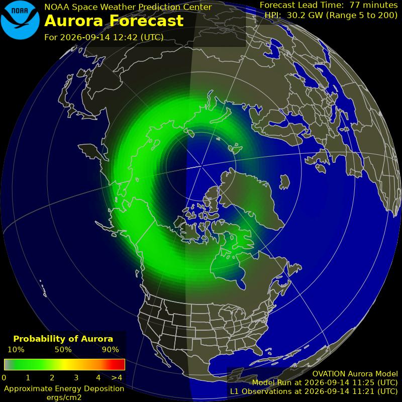 NOAA aurora forecast map for the northern hemisphere